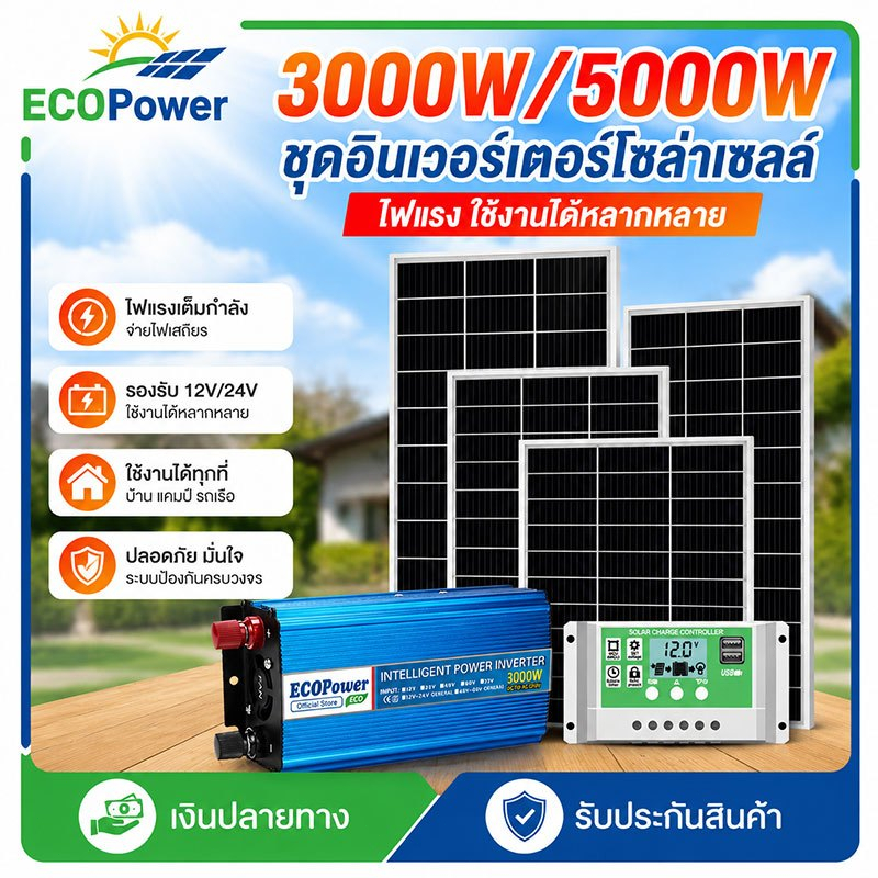 อินเวอร์เตอร์ 12v to 220v กันกระแทก 3000W/5000W แปลงไฟคงที่ ประหยัดพลังงาน ป้องกันไฟลัดวงจร เหมาะใช้กลางแจ้ง ใช้งานง่ายส