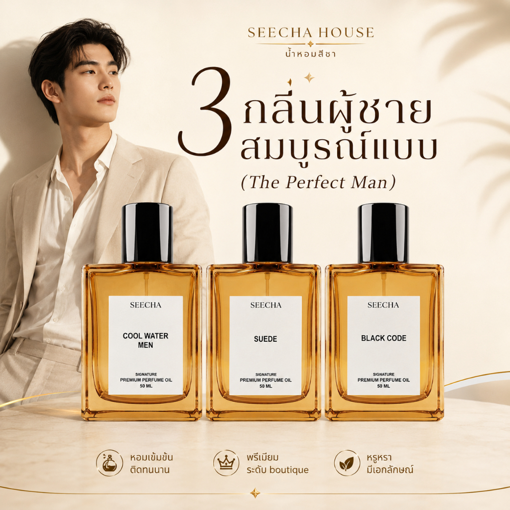 3 กลิ่นผู้ชายสมบูรณ์แบบ (The Perfect Man) Seecha Oil Perfume น้ำหอมสีชา สีชาออยล์ ขนาด 50ml.