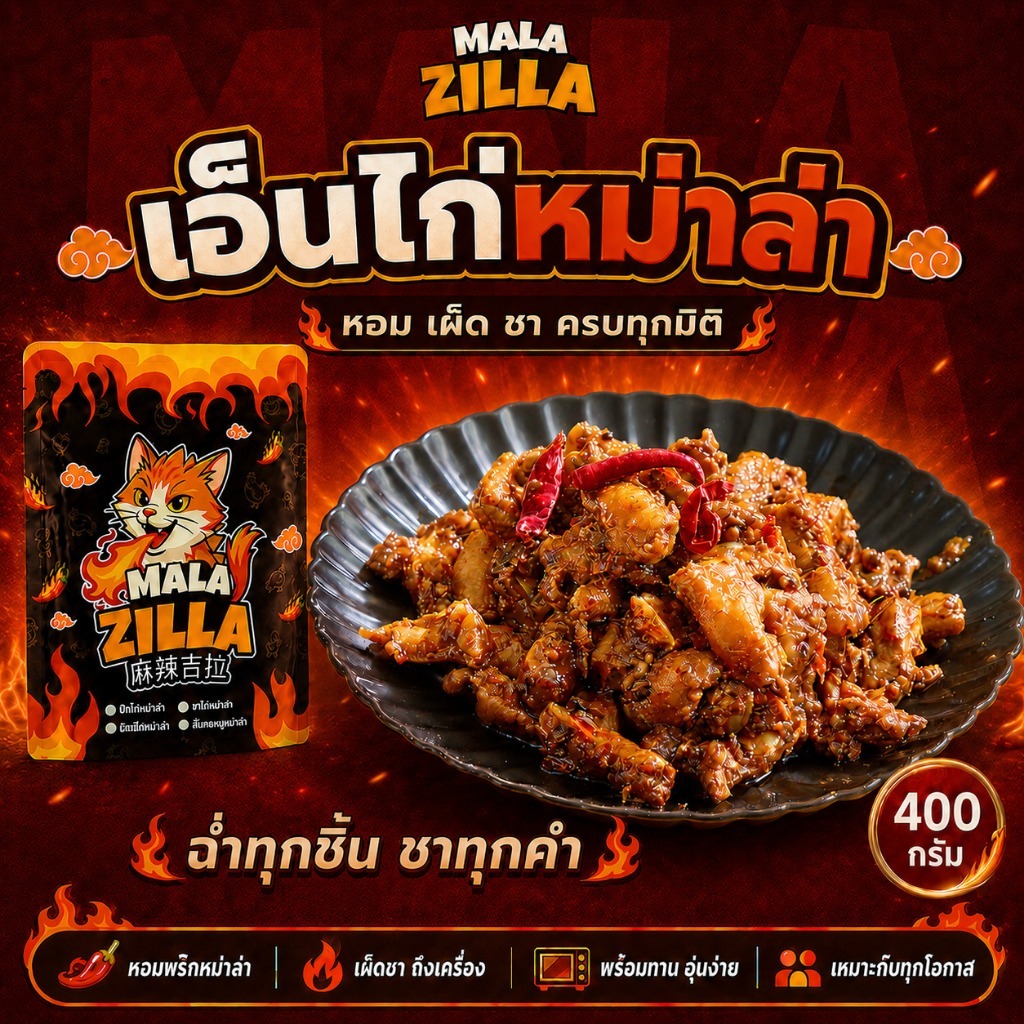 เอ็นไก่หม่าล่า MALA ZILLA 400g | หม่าล่าแท้ เผ็ดชา สไตล์จีน อาหารแช่แข็ง พร้อมทาน ส่งทันที ส่งฟรี