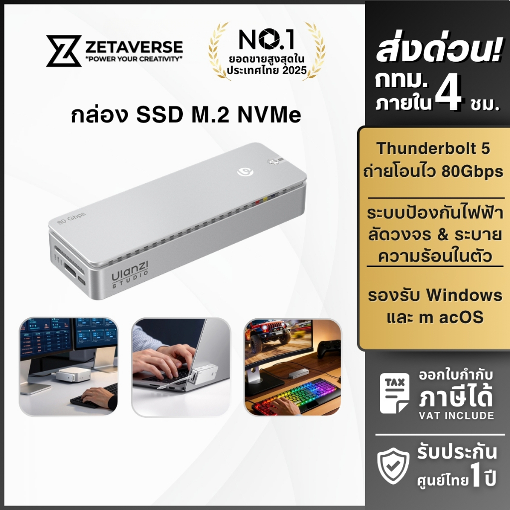 Ulanzi กล่อง SSD M.2 NVMe DT580 Thunderbolt 5 ความเร็ว 80Gbps พัดลมระบายความร้อนในตัว รองรับ 8TB