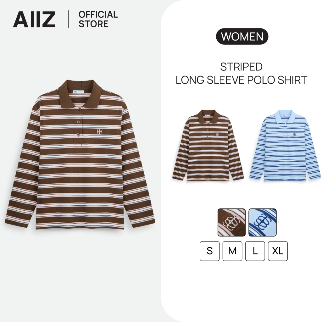 AIIZ เสื้อโปโลผู้หญิงแขนยาวลายทาง AIIZ Women's Striped Long Sleeve Polo Shirt