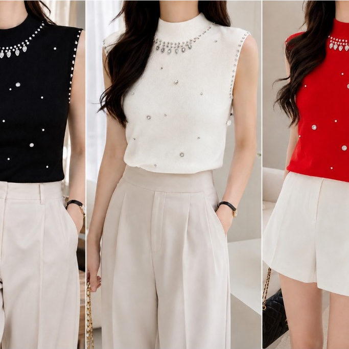 MQzz4289 *พร้อมส่ง* เสื้อไหมพรมแขนกุด คอสูง ประดับลูกปัด FreeSize