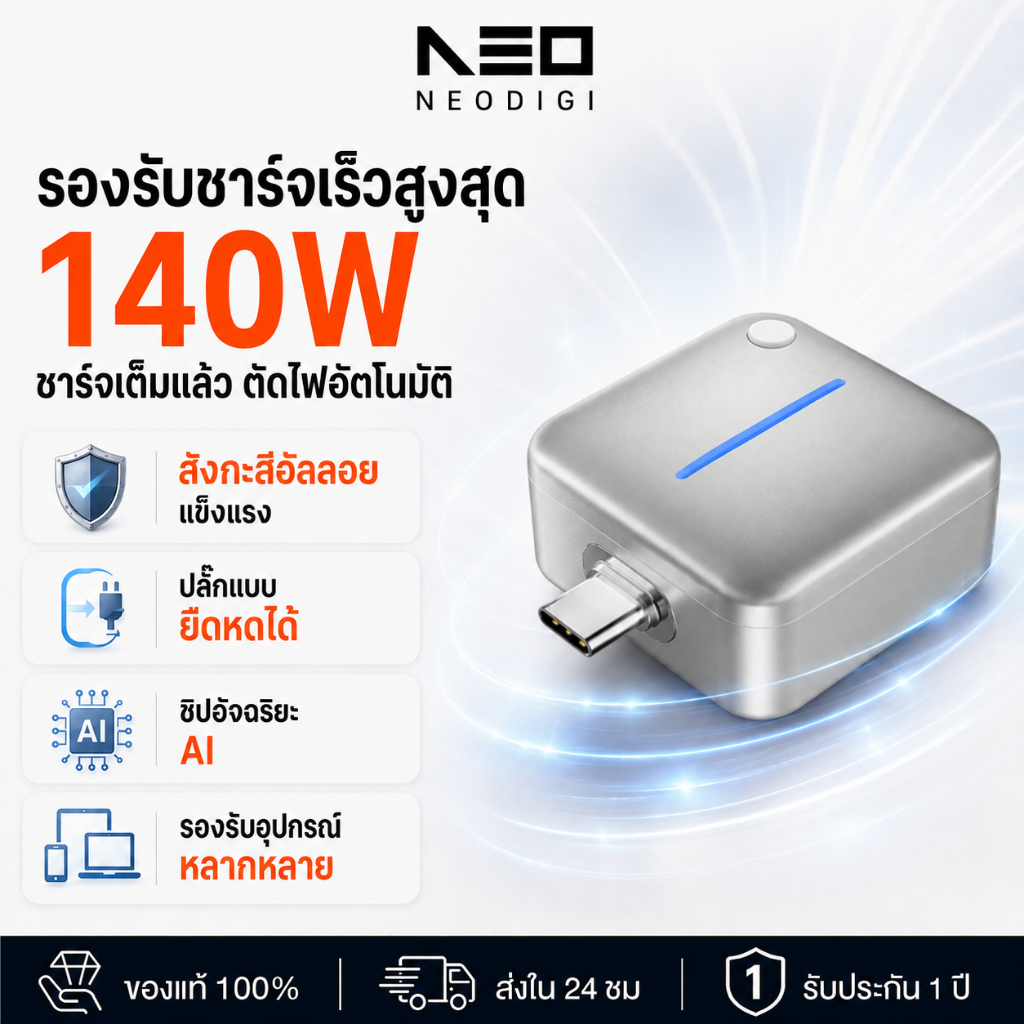 NEODIGI 140W Type-C อะแดปเตอร์ชาร์จอัจฉริยะ ตัดไฟอัตโนมัติ AI Recognition ช่วยให้ชาร์จไฟได้อย่างปลอดภัยตลอดคืน