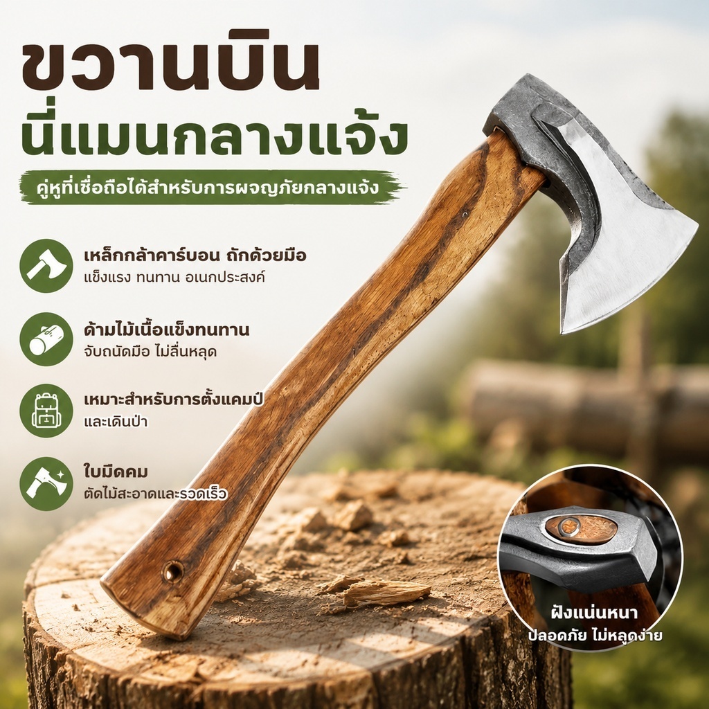 ขวานบิน นีแมน ด้ามไม้จริง หัวเหล็กหล่อ คมแรง ทนทาน สับฟืน ตัดกิ่ง ไม้ สำหรับทำสวน แค้มปิ้งกลางแจ้ง