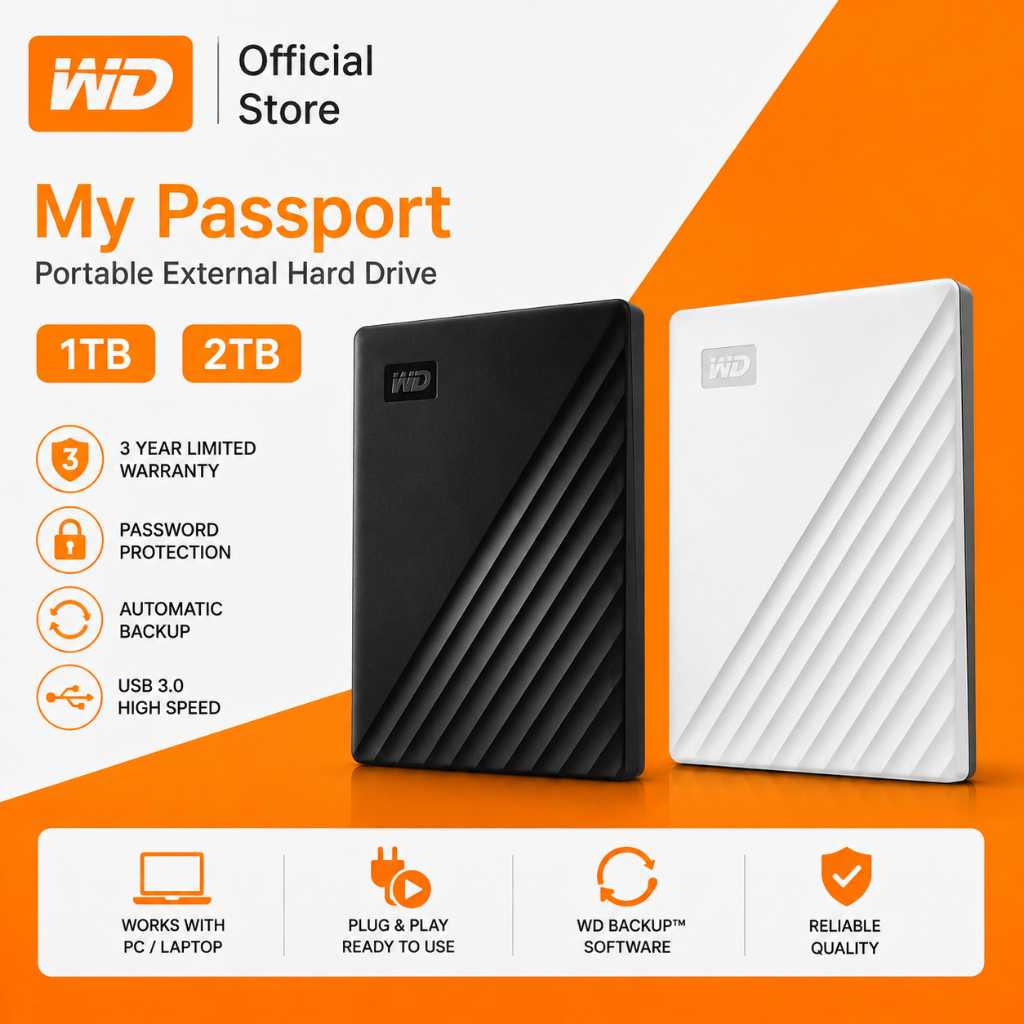 【พร้อมส่ง】WD My Passport External Harddisk 1TB 2TB USB 3.0 Portable HDD ฮาร์ดดิสก์พกพา รับประกัน 5 ป