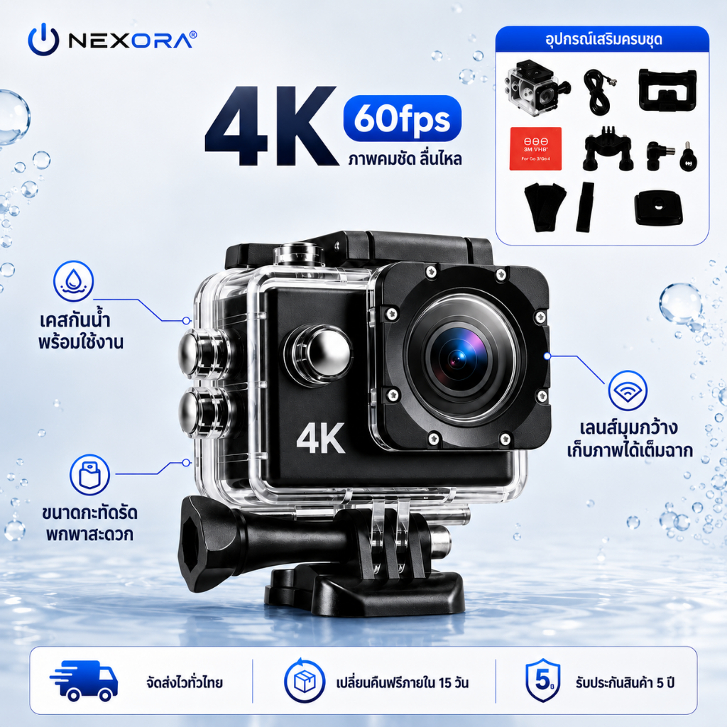 กล้องแอคชั่น 4K 60fps จอ 2.0 นิ้ว กันน้ำ 30 เมตร พร้อมอุปกรณ์ครบชุด ติดหมวกกันน็อค มอเตอร์ไซค์ ดำน้ำ ประกัน 5 ปี