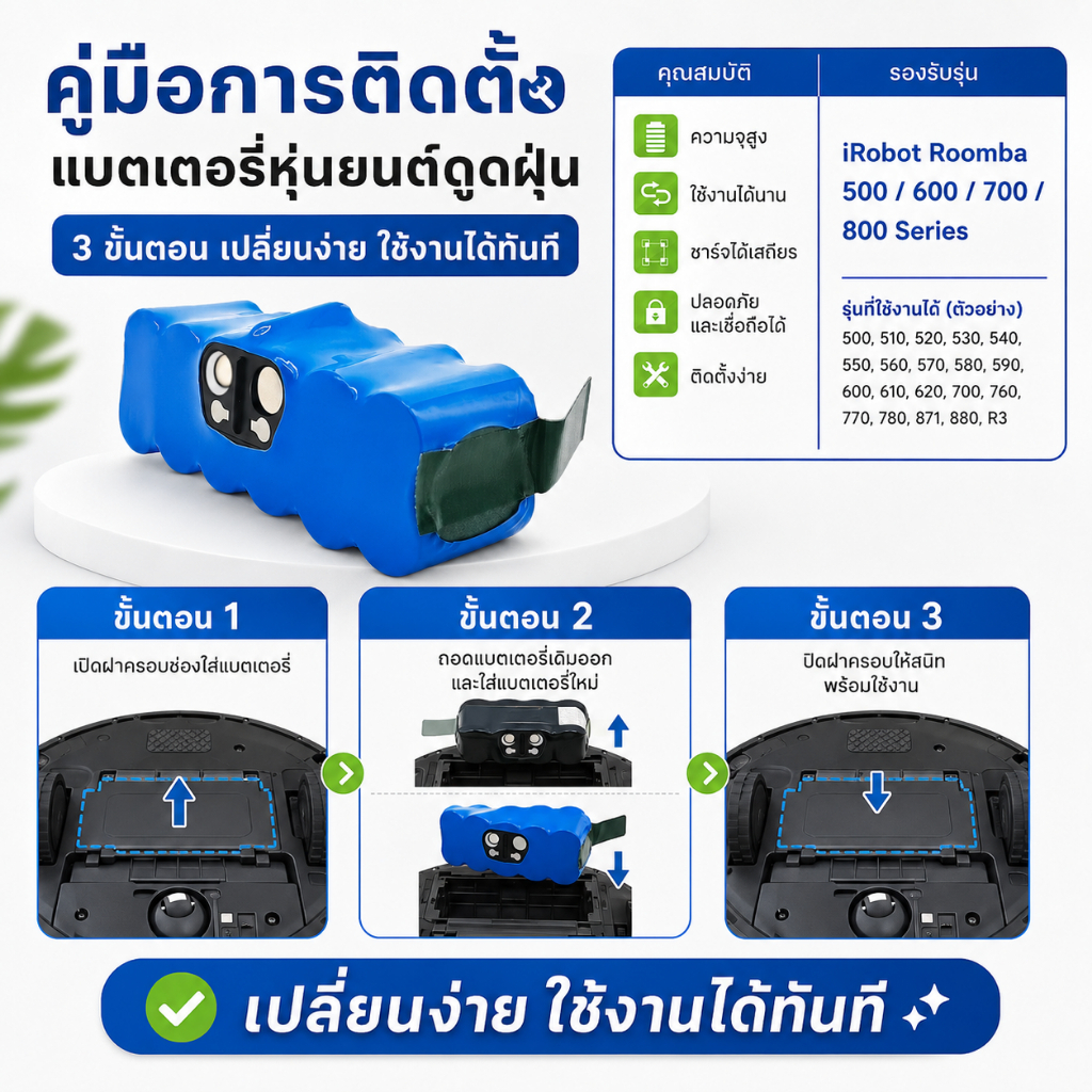 IRobot Roomba 500, 600, 700, 800, 620, 650, 770, 780, 580 Series แบตเตอรี่หุ่นยนต์ดูดฝุ่น – แบตเตอรี