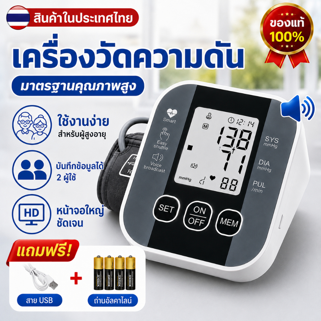 ของแท้100% เครื่องวัดความดันโลหิต เครื่องวัดความดัน เสียงภาษาไทย หน้าจอใหญ่ ชาร์จUSB/ใส่ถ่านโรง