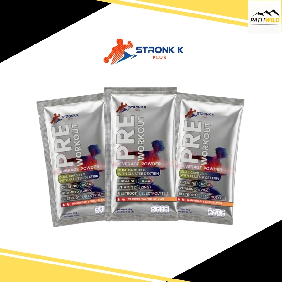 STRONK K PLUS PRE WORKOUT เครื่องดื่มผสมคาร์โบไฮเดรต ให้พลังงาน สำหรับนักกีฬา กลิ่นวอเตอร์เมลอนซิตรัส (ราคาต่อ 1ซอง)