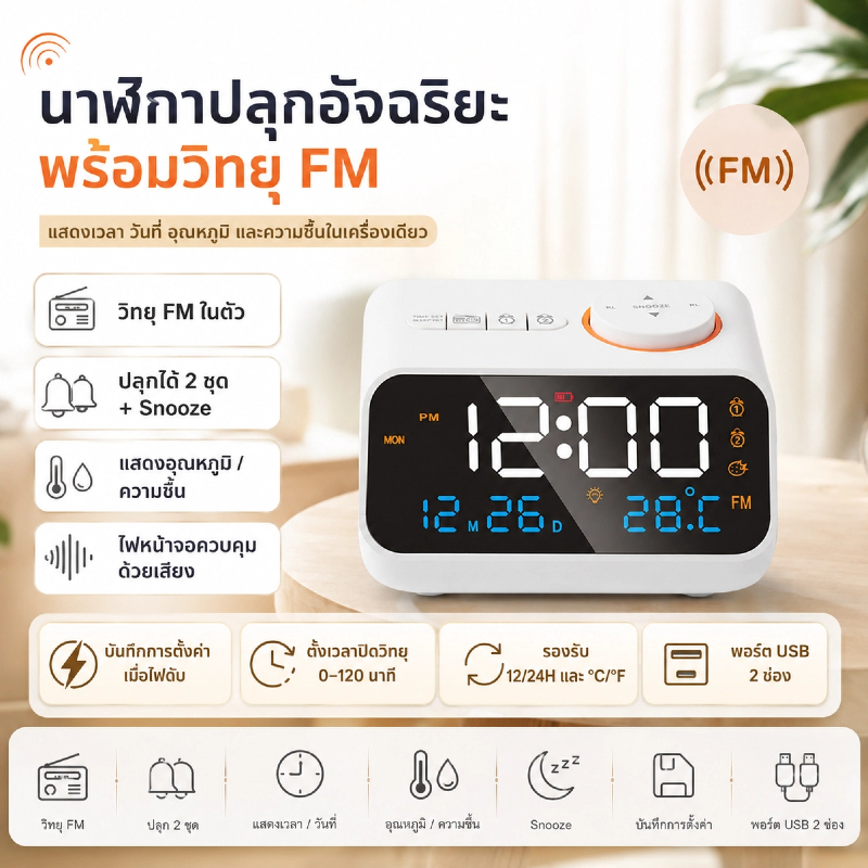 2Days⭐Local Delivery⭐นาฬิกาปลุกดิจิทัล FM LED พร้อมปฏิทิน วัดอุณหภูมิและความชื้น ตั้งโต๊ะ สำหรับบ้านและห้องนอน