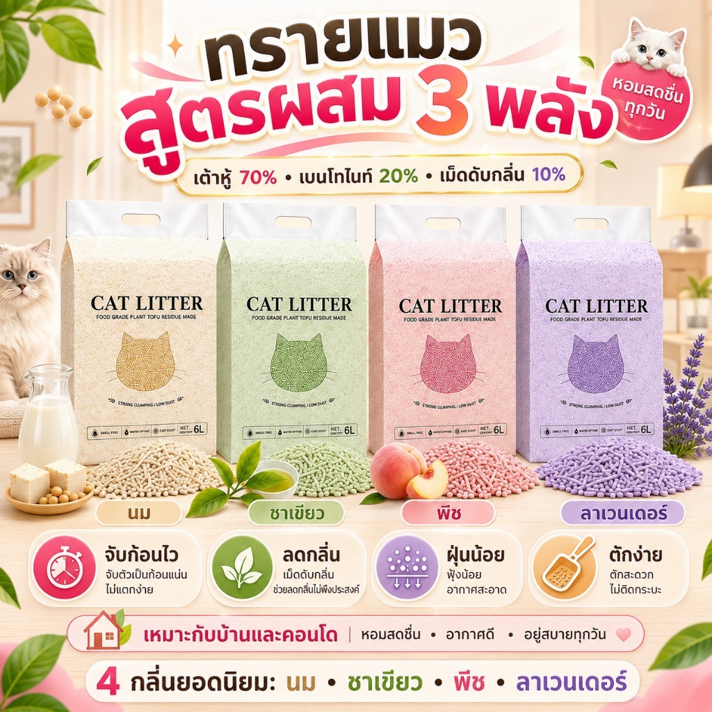 ทรายแมวเต้าหู้ 6L ลิตร.ทรายเต้าหู้ ผลิตจากกากถั่วเหลืองธรรมชาติทราย ละบายกลิ่นได้ดี มีให้เลือก4กลิ่น