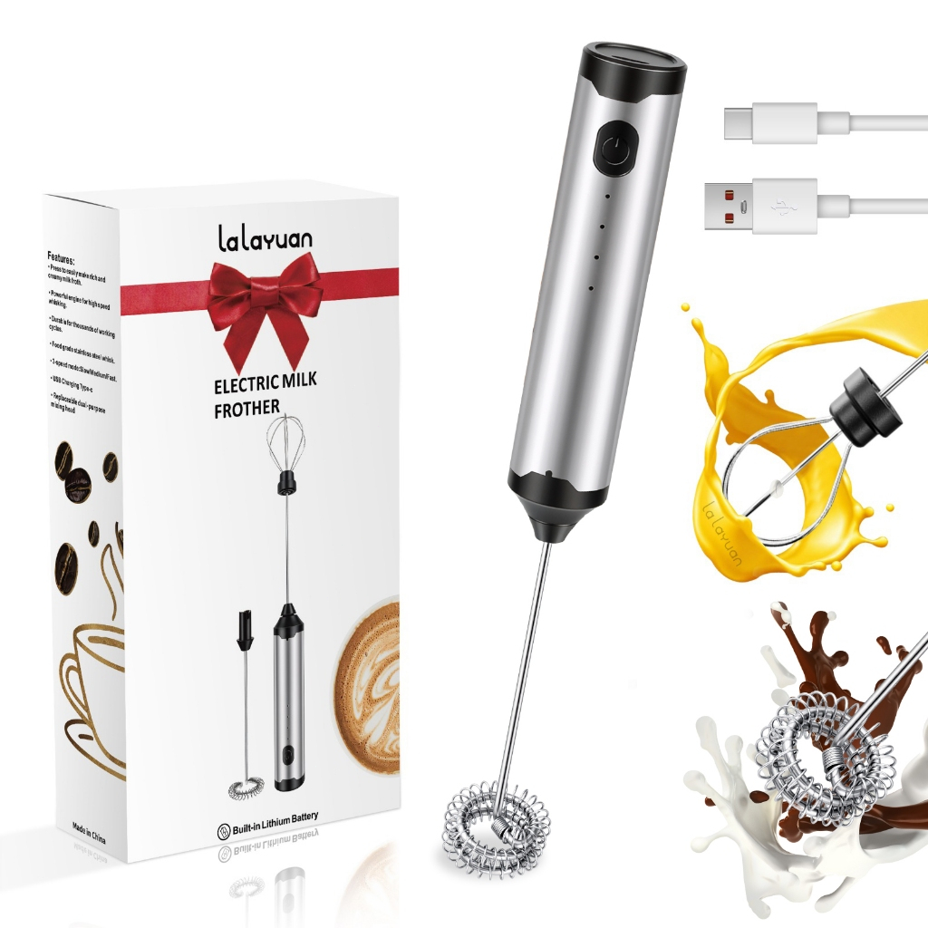 เครื่องตีฟองนมไฟฟ้าแบบขดลวดคู่ ทำจากสแตนเลส แบตเตอรี่แบบชาร์จไฟผ่าน USB 500mAh ปรับระดับความเร็วได้ 3 ระดับ