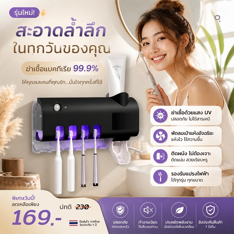 ที่บีบยาสีฟันอัตโนมัติ ที่วางแปรงสีฟัน ติดผนัง ไม่ต้องเจาะ ฆ่าเชื้อด้วย UV Toothpaste Dispenser พร้อมส่ง เก็บเงินปลายทาง
