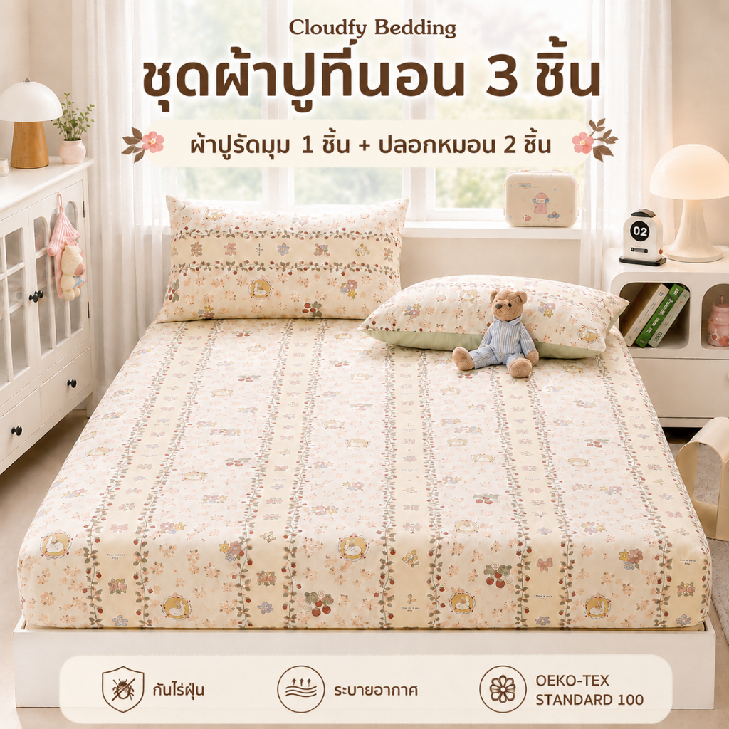 สไตล์เกาหลี ชุดผ้าปูที่นอน 3 ชิ้น Washed Cotton ผ้าปูรัดมุม + ปลอกหมอน นุ่ม ระบายอากาศดี ลายพิมพ์น่ารัก 3.5/4/5/6 ฟุต