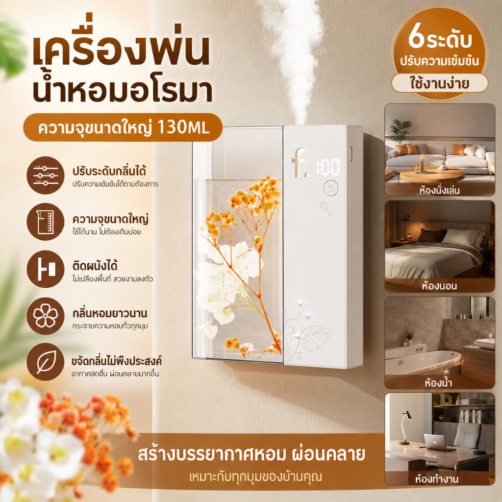 เครื่องพ่นอโรม่า 130ML 6 ระดับ ติดผนัง กลิ่นหอมติดทนนาน ดับกลิ่น ใช้ได้ในห้องนอน ห้องน้ำ ห้องนั่งเล่น