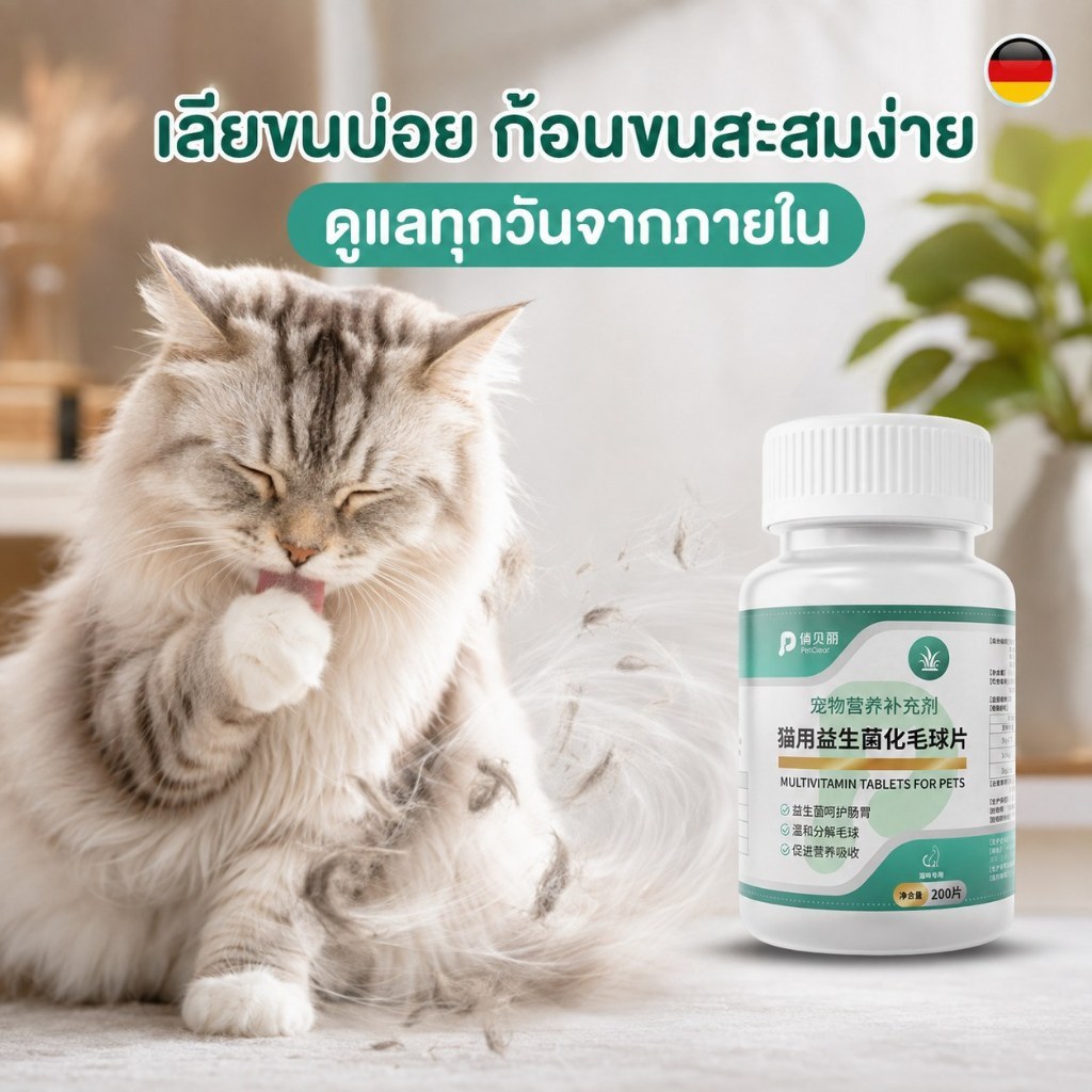 เม็ดโปรไบโอติกแมว PetClear 200 เม็ด ช่วยดูแลการย่อยและการขับก้อนขน