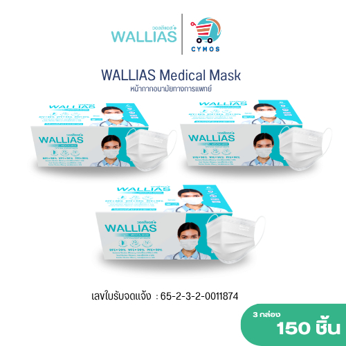 ( แพ็ค 3 กล่อง! ) WALLIAS Mask หน้ากากอนามัย  หน้า 3 ชั้น ป้องกันฝุ่นขนาดเล็ก สำหรับ ผู้ใหญ่ แบบกล่อง 50 ชิ้น