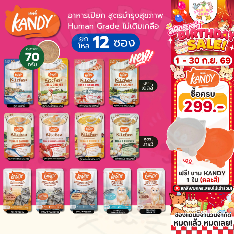Kandy อาหารเปียก Holistic Grain Free ทูน่าเนื้อขาว ไม่เติมเกลือ สูตรดูแลสุขภาพ ยกโหล 70g*12ซอง