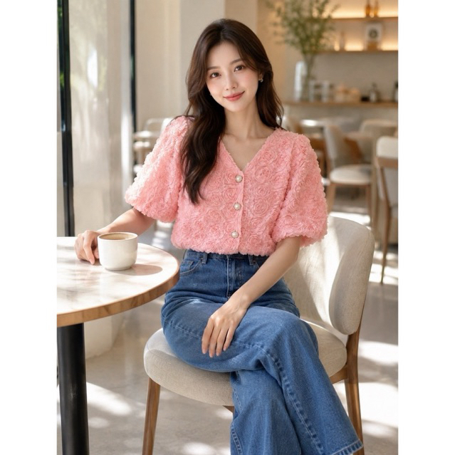 เสื้อคอบคอวีดอกกุหลาบกระดุมมุข