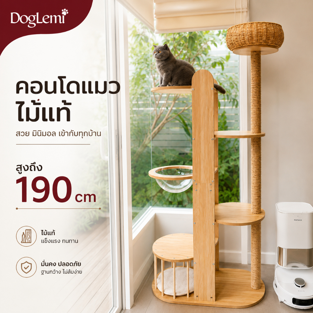 【DogLemi】คอนโดแมวใหญ่ 190CM บ้านแมวสูง แมวหลายตัวใช้ได้ แมวอ้วนใช้งานได้ ไม้จริง โดมใส 360° ที่ลับเล็บ Cat Condo Luxury