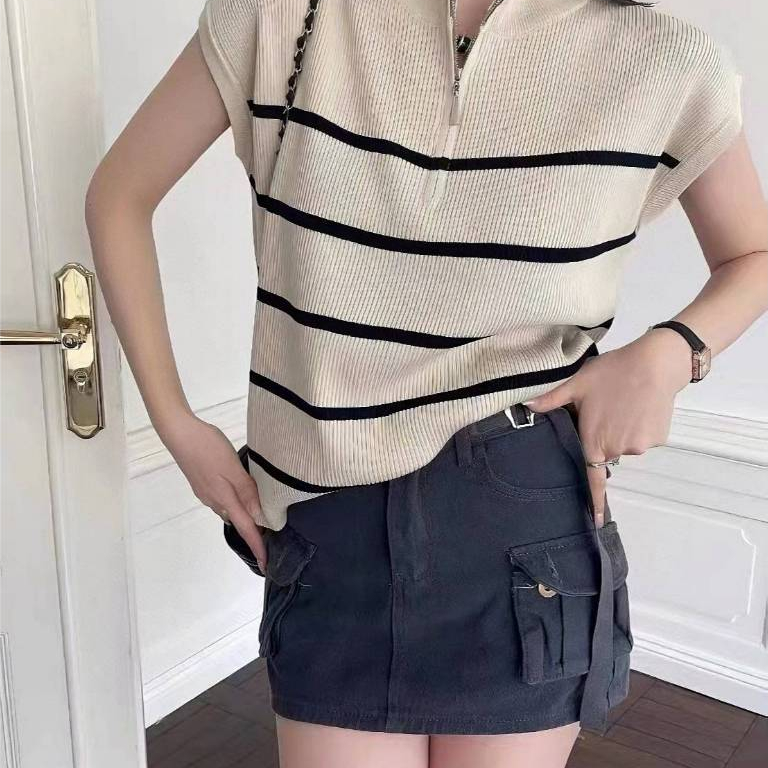 MQzz4289 *พร้อมส่ง* เสื้อกั๊กไหมพรมถัก แขนกุด ลายทาง รูดซิปได้ Freesize