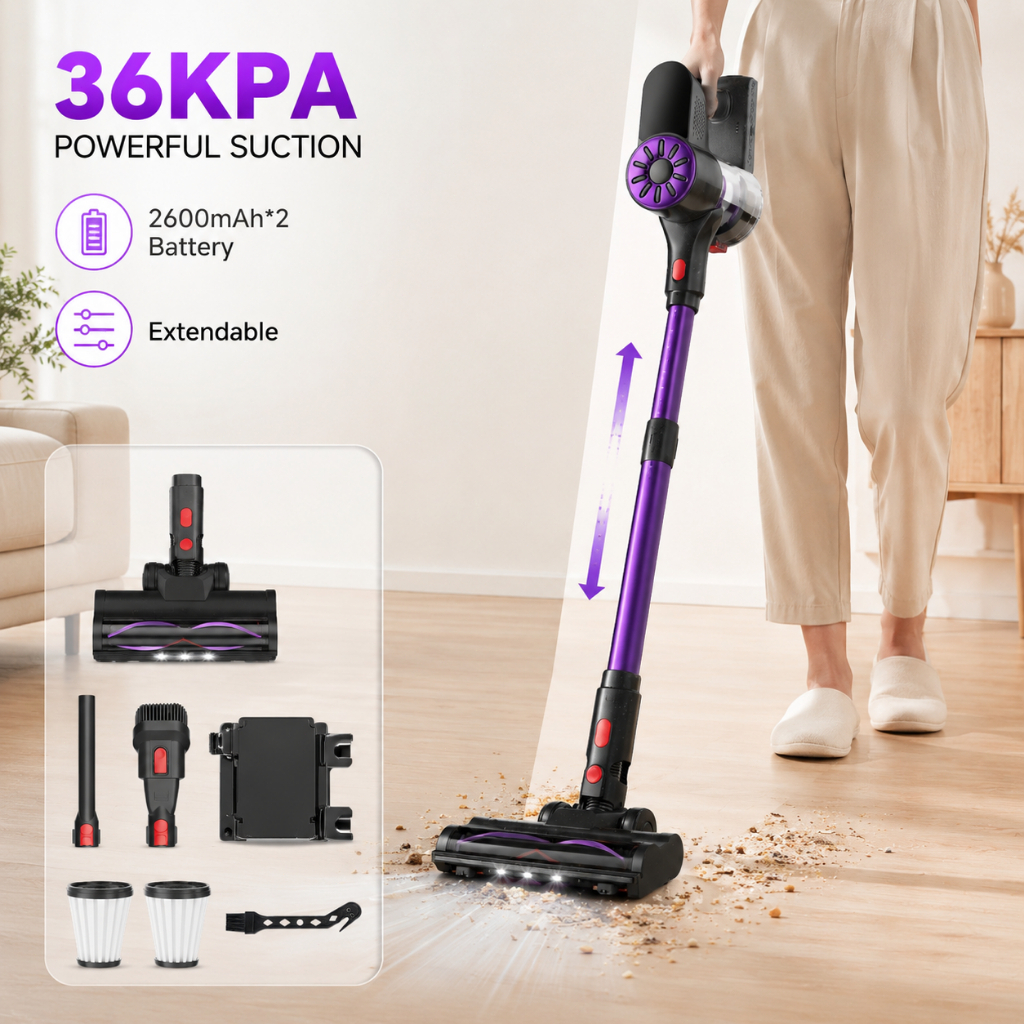 Qimedo Vacuum Cleaner เครื่องดูดฝุ่นไร้สาย 36Kpa แบต 40 นาที ไฟ LED ตั้งเองได้ น้ำหนักเบา 3.8 ปอนด์ HEPA