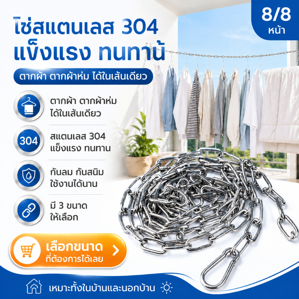 เชือกตากผ้าโซ่สแตนเลส 304 ไม่เป็นสนิม กันลม ไม่หลุดง่าย พร้อมตะขอ ใช้ตากผ้าในบ้าน นอกบ้าน ห้องซักล้าง
