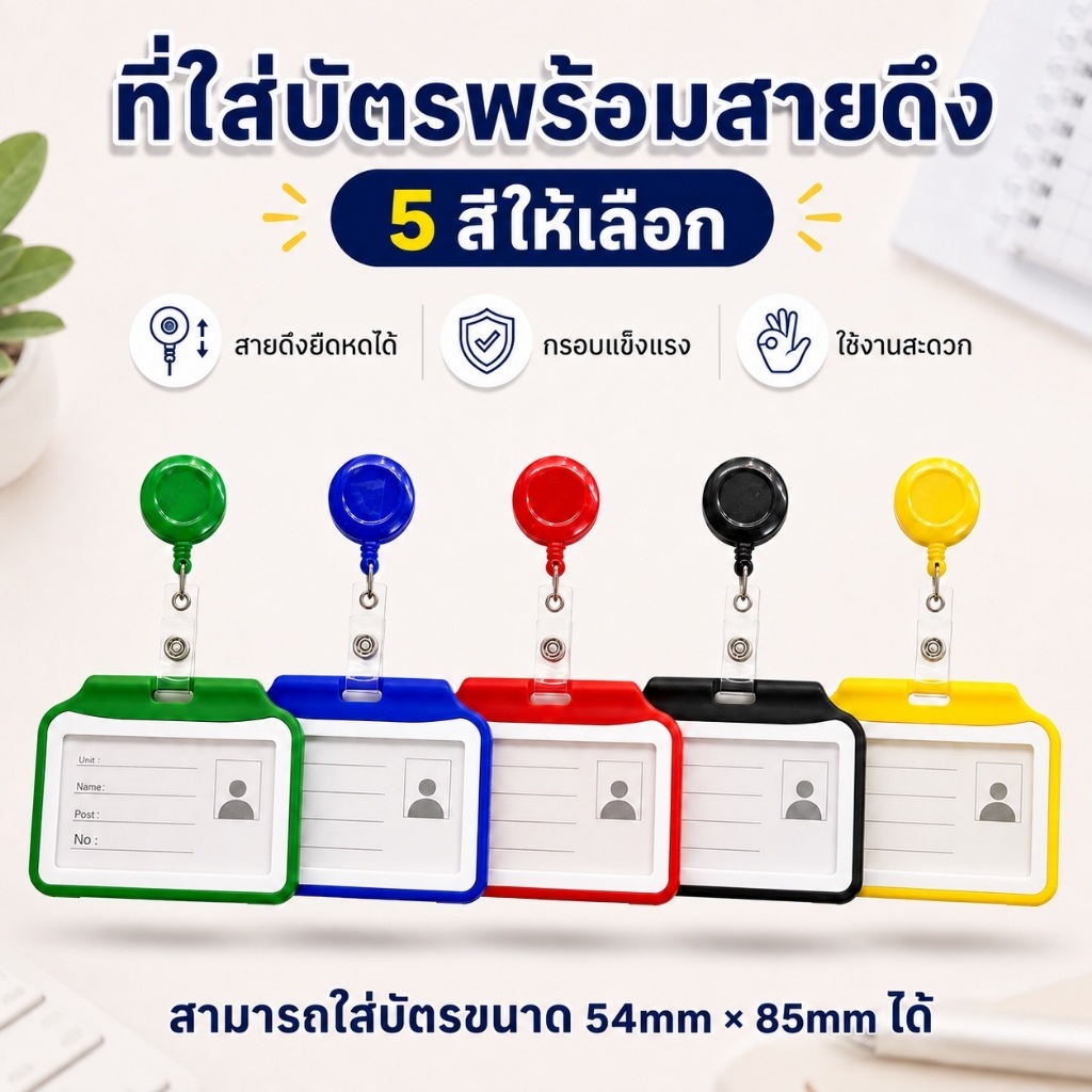 ที่ใส่บัตรพนักงาน พร้อมสายดึงยืดหด ป้ายชื่อแนวนอน กรอบแข็ง ใส่บัตรขนาด 54x85mm มี 5 สี สำหรับบัตรพนักงาน บัตรประจำตัว