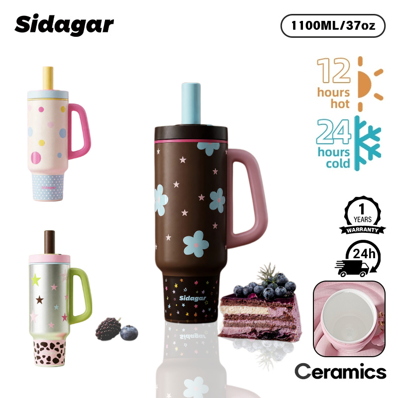 Sidagar 1100ML แก้วเก็บความเย็น เคลือบเซรามิก ความจุขนาดใหญ่ กดเปิดฝาอัตโนมัติ ใส่ในรถได้ แก้วเก็บอุณหภูมิ
