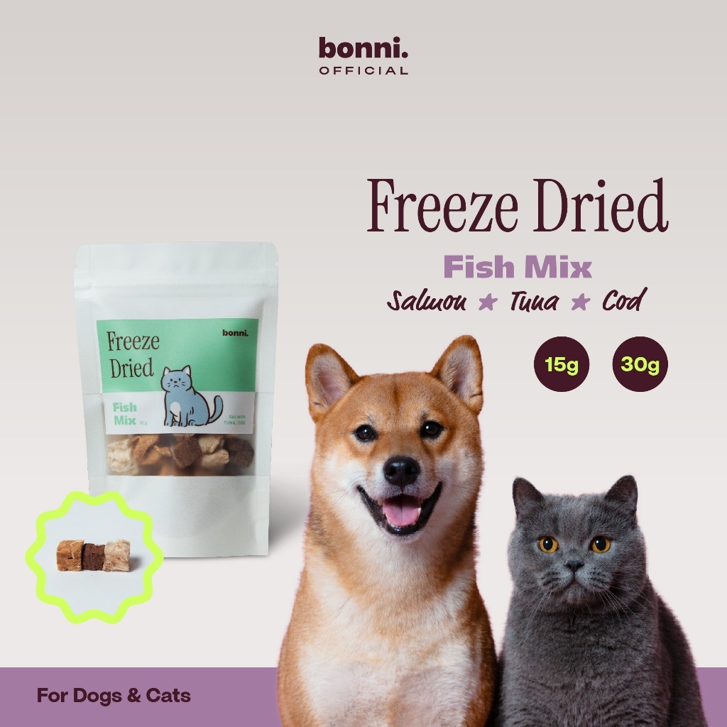 Bonni ฟรีซดรายสูตรปลา สำหรับสุนัขและแมว แซลมอน ทูน่า ปลาค็อด - Freeze Dried Fish Mix 15g 30g