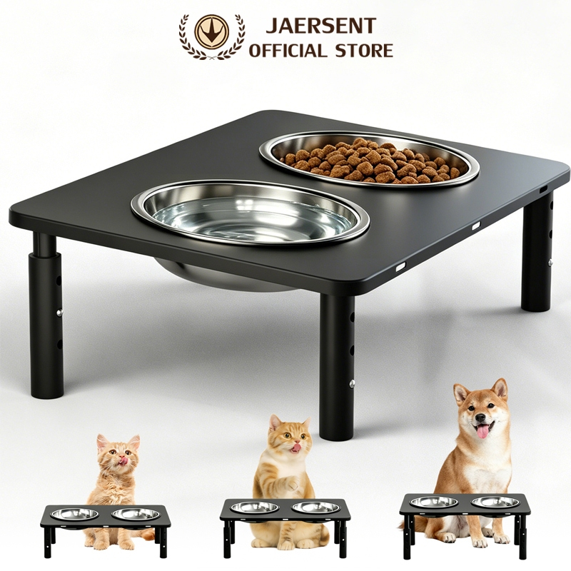 JAERSENT ชามข้าวแมว ชามอาหารสุนัขยกสูง ปรับระดับได้ 3 ระดับ สำหรับสุนัขและแมว ขาตั้งโลหะคุณภาพสูง สูง 10-12-14 cm
