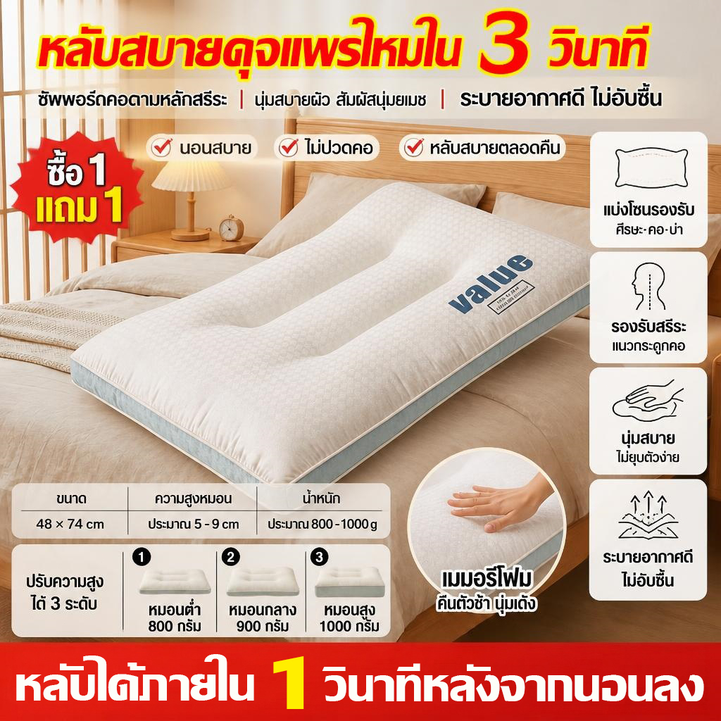 [ซื้อ 1 แถม 1] หมอน หมอนหนุน หมอนหนุน  นุ่มและรองรับศรีษะได้ดี รักษากระดูกสัน หมอนไมโครไฟเบอร์ หมอนหนุนใบใหญ่ หมอนหนุนสุ