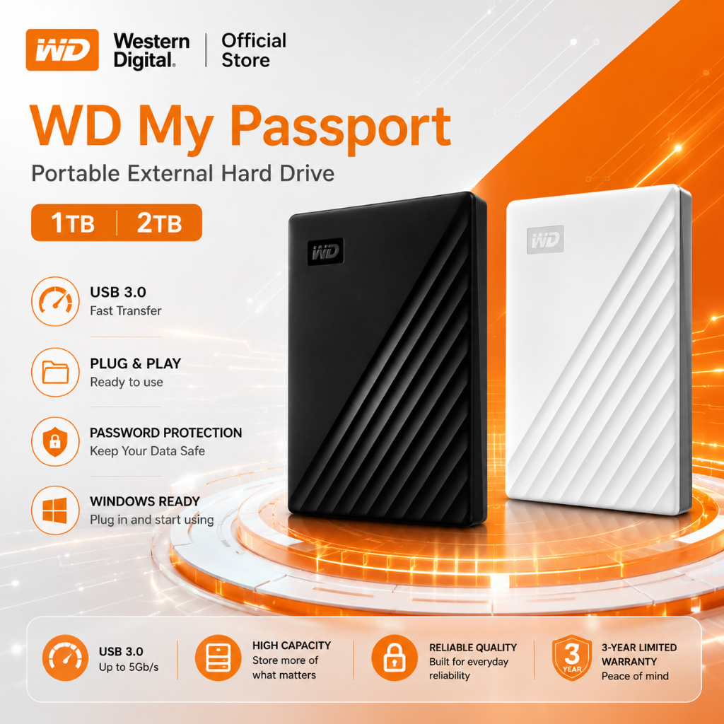 【สินค้าขายดี】WD My Passport External HDD USB 3.0 1TB 2TB Hard Disk Portable โอนข้อมูลเร็ว จุข้อมูลมาก ของแท้ พร้อมส่ง
