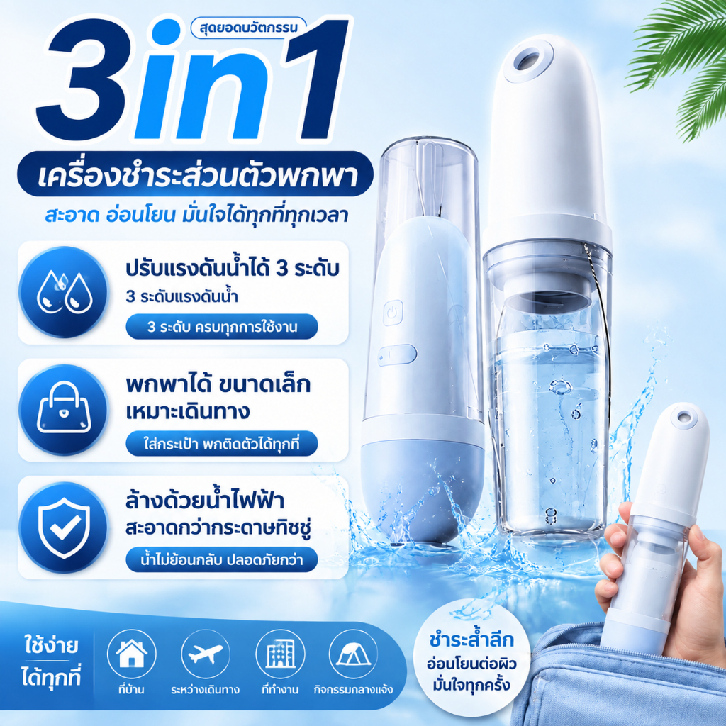 【รับประกัน 5ปี】ที่ฉีดก้นพกพาไฟฟ้า Portable Bidet 3โหมด Type-C ชุดหัวฉีดชําระ พกพาง่าย สําหรับเดินทาง
