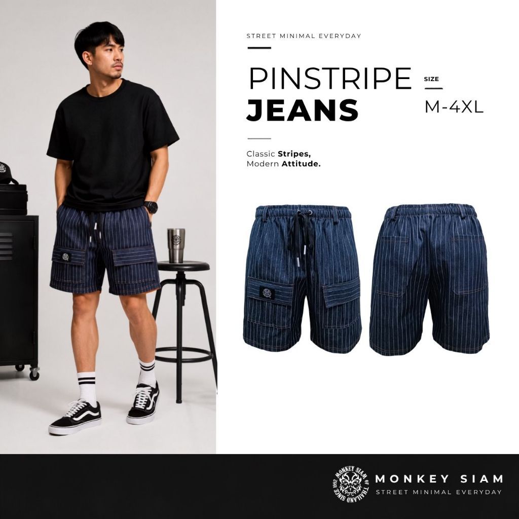 Monkey Siam | Pinstripe Jeans - ยีนส์ลาย M-4XL เอว 25-48 กางเกงคาร์โก้ ขาสั้นผู้ชาย