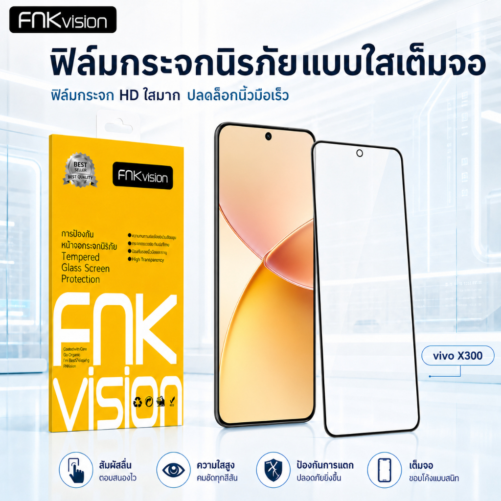 FNKvision ฟิล์มกระจกใส HD vivo Y05 Y04S Y03T Y21D Y19S Y18 Y17S Y31D Y28S 5G Y29 5G Y39 5G เต็มจอ กาวเต็มแผ่น