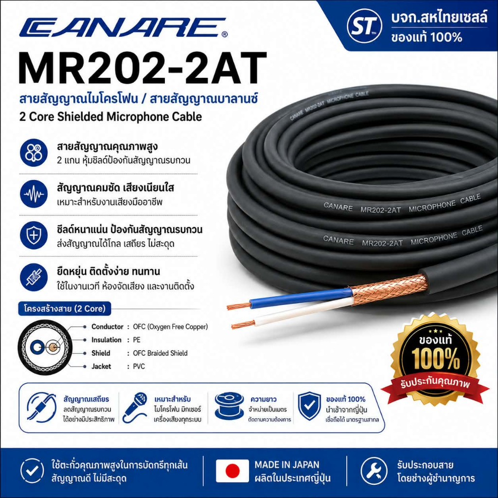Canare MR202-2AT: มาตรฐานช่างเสียงระดับโลก มาตราฐานญี่ปุ่นแบ่งขายเป็นเมตร ระวังของปลอมค่ะเยอะมาก