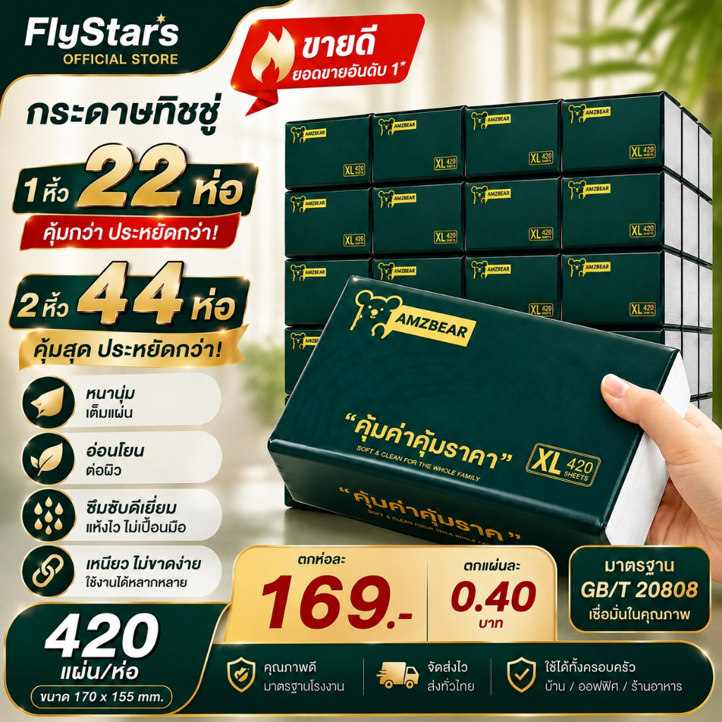 [44ห่อ] กระดาษทิชชู่ 4 ชั้น 420 แผ่น นุ่มหนา เหนียว ซึมซับดี Air Cushion ทิชชู่ยกแพ็ค ส่งฟรี