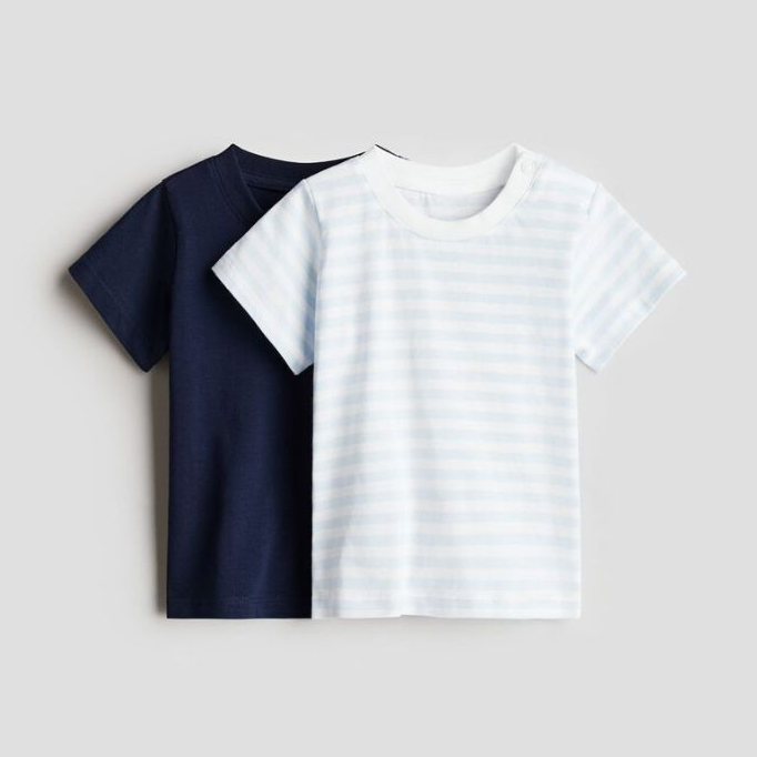 H&M เสื้อยืดผ้าคอตตอนแพ็ค 2 ตัว สีน้ำเงินกรมท่า/ลายเส้น 2-3 ปี