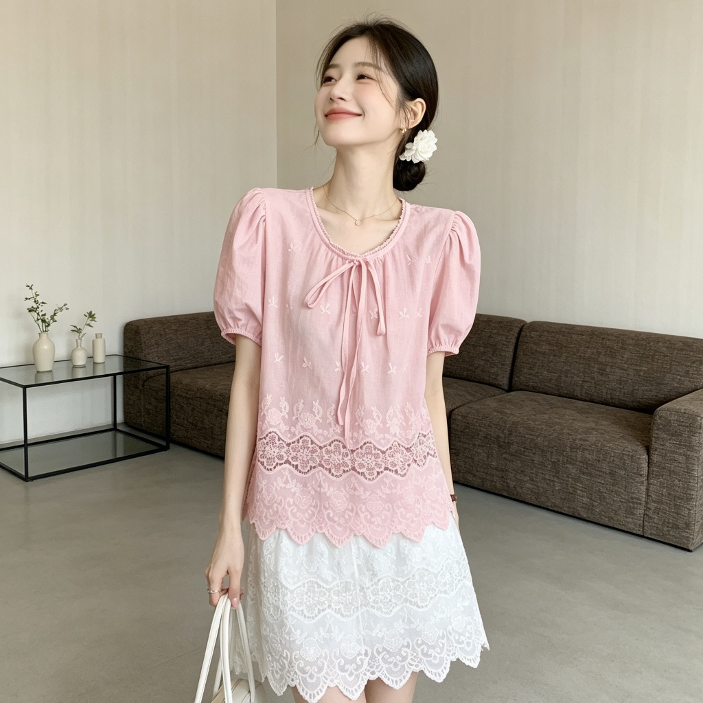 XWshopee เสื้อแขนพองชายปล่อย ใส่สบาย เนื้อผ้าเบาระบายอากาศได้ดี ดีเทลปักลายลูกไม้และผูกโบว์ สวยหวานละมุนสุดๆ