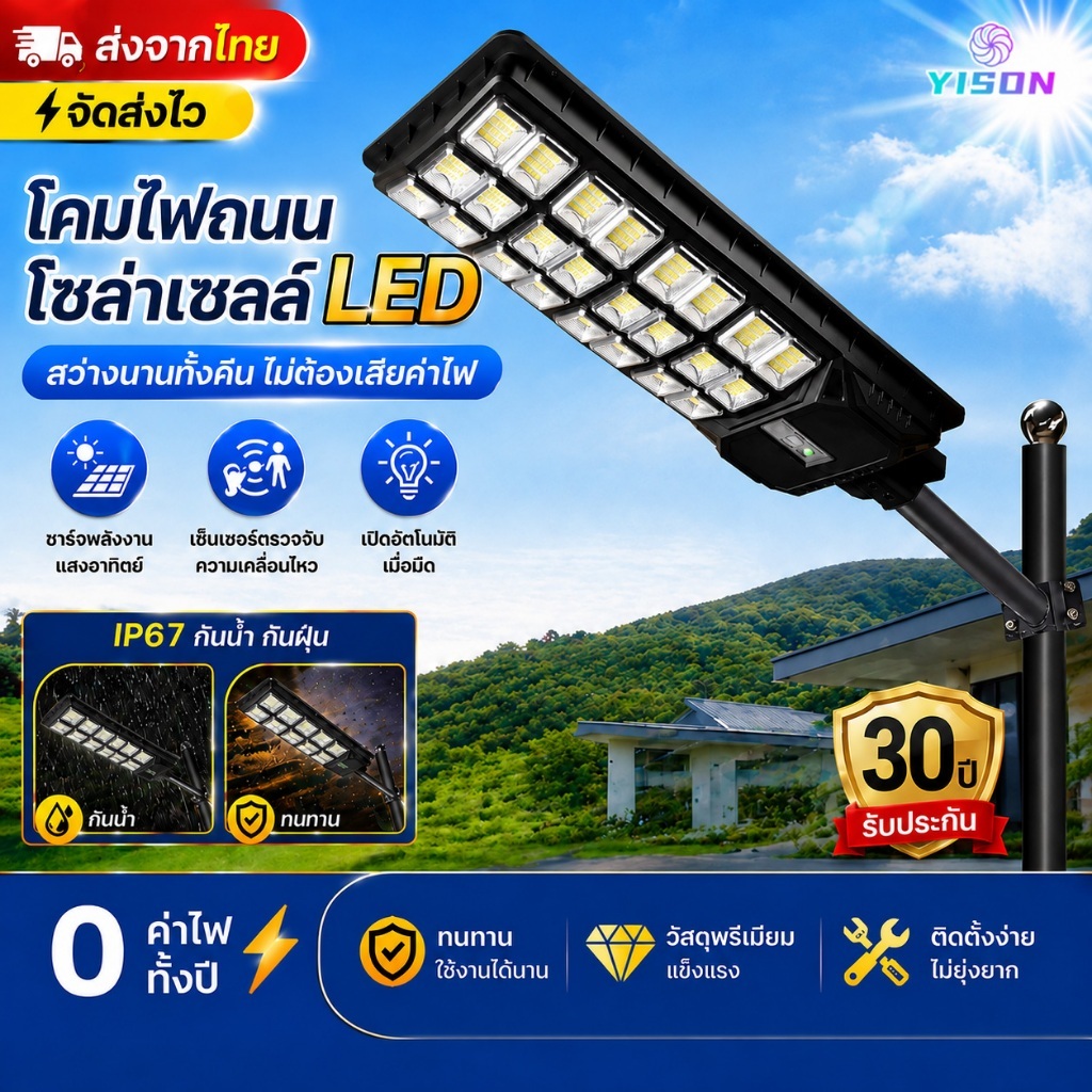 YISON 1500W ไฟถนนโซล่าเซลล์ LED solar light outdoorไฟถนนโซล่าเซลล์ ไฟเซ็นเซอร์ โคมไฟถนน กันน้ำ การควบคุมแสงอัจฉริยะ