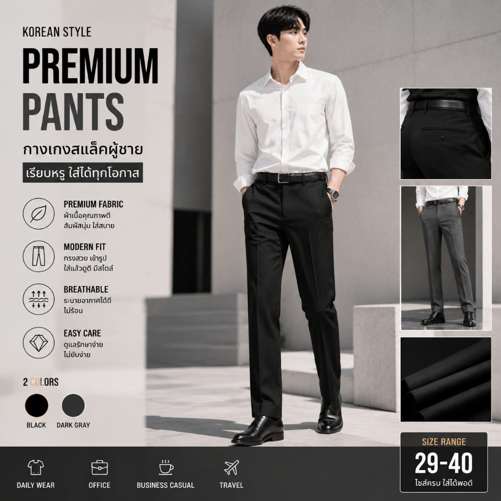Men Korean Style Slim Fit Pants กางเกงสแลคผู้ชาย ทรงเกาหลี Premium กางเกงทำงานผู้ชาย Casual Fashion