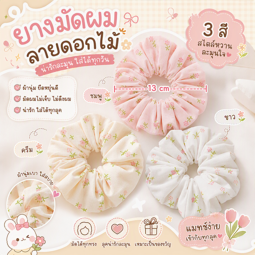 ยางมัดผมลายดอกไม้ โทนพาสเทล