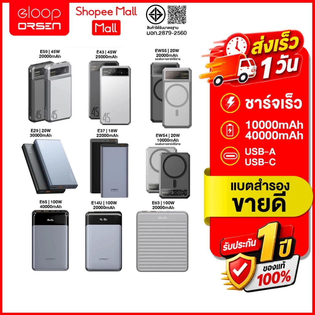 (ถูกสุด ส่งไว) Eloop&Orsen PowerBank  E59/E43/EW55/E29/E37/E37/EW54/E65/E14Ultra/E63 ความจุ10000mAh-