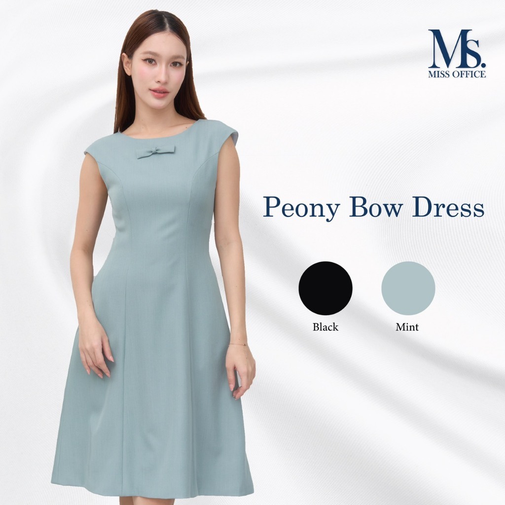 Miss Office เดรสคอปาดแขนล้ำแต่งโบว์ (Peony bow dress : MD-154)