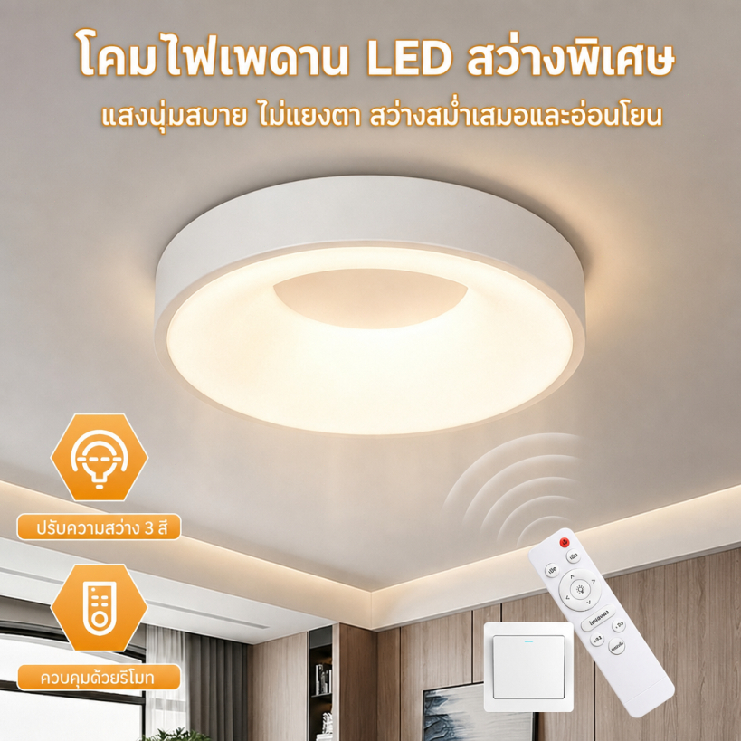 CANMEIJIA โคมไฟเพดาน LED ควบคุมระยะไกล 3 สีแสง  แผ่นอะคริลิคกันแสงแยด ประหยัดพลังงาน สำหรับห้องนอน