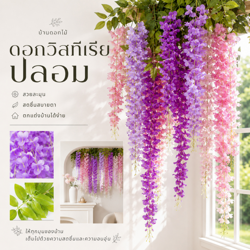 ช่อดอกวิสทีเรียปลอม 65/115 ซม. ต้นไม้ปลอม มินิมอล สวยละมุน ไม่เหี่ยว ดูแลง่าย ต้นไม้ตกแต่งบ้าน งานแต่ง คาเฟ่ มุมถ่ายรูป