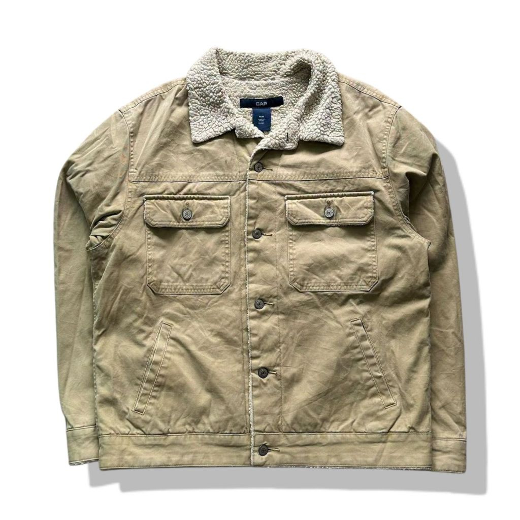 VTG Gap Khaki Brown Sherpa Fleece Trucker Jacket(M) มือสอง รอบอก 47”