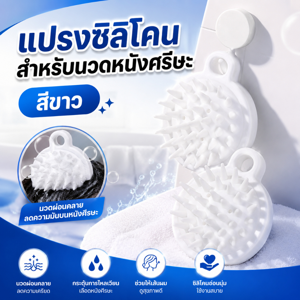 แปรงซิลิโคนสำหรับนวดหนังศรีษะ สีขาว ขณะทำความสะอาดเส้นผม ระหว่างสระหรือนวด ก็ได้