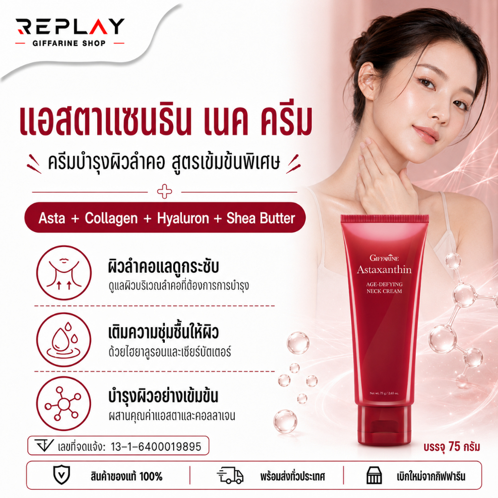 กิฟฟารีน ครีมทาคอ แอสตาแซนธิน Age-Defying Neck Cream คอลลาเจน ไฮยาลูรอน ผิวกระชับ 75 กรัม